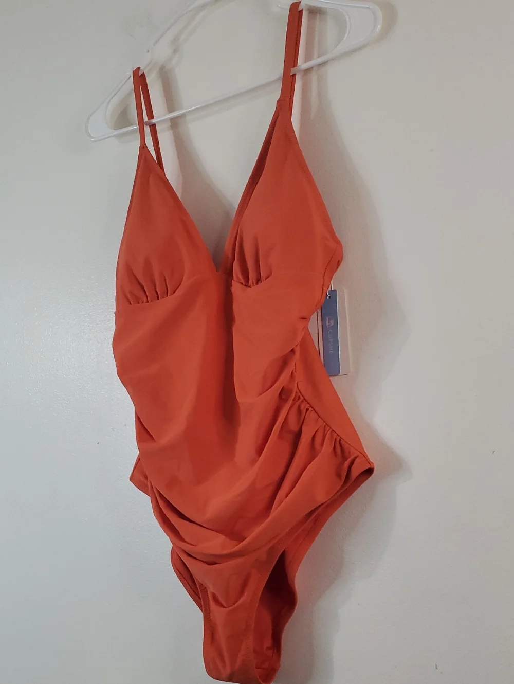 NWT CupShe Sleek Orange Ruched One-Piece Swimsuit Size Lg Tummy Control V-Neck